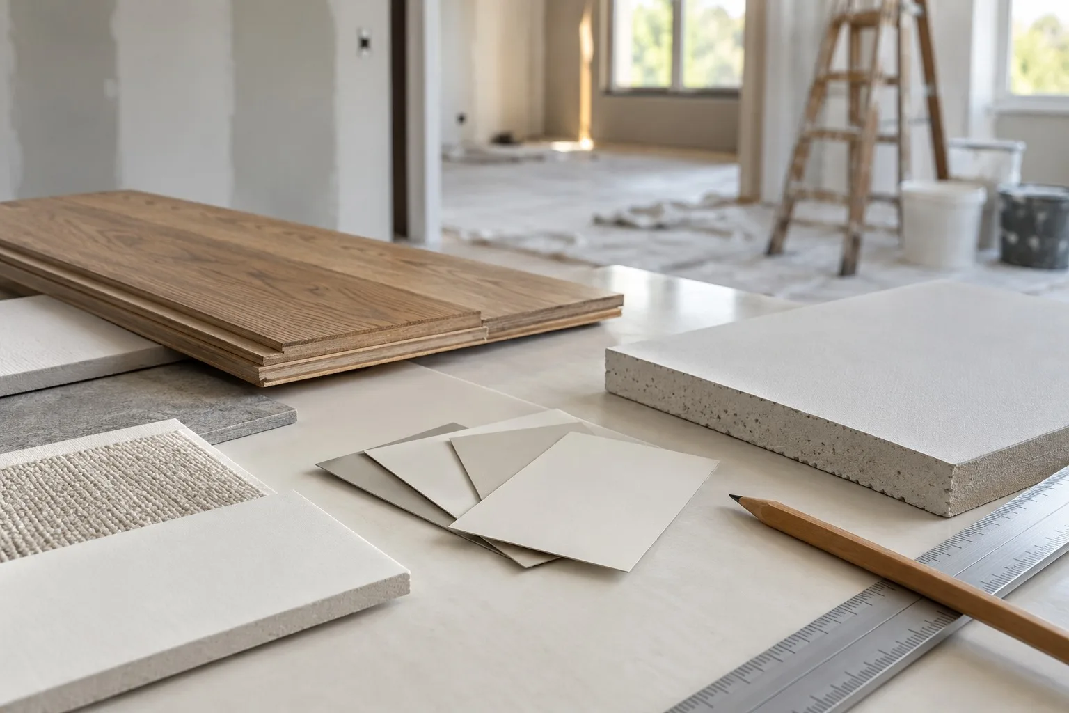 Materialmuster für Boden und Wand auf einer Arbeitsfläche beim Innenausbau